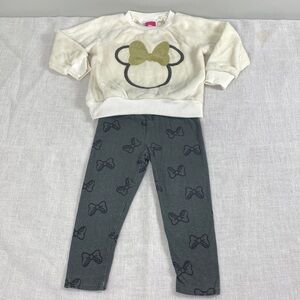 Disney girls 2 piece beige-gray Minnie Mouse leggings and fleece sweater size 2T